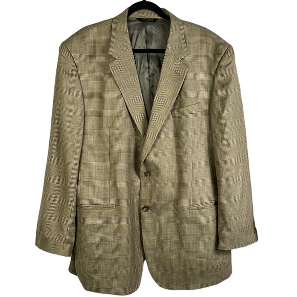 Jos A. Bank Wool Silk Blend Tan Brown Houndstooth Plaid Sports Coat Blazer 48R - Picture 1 of 15